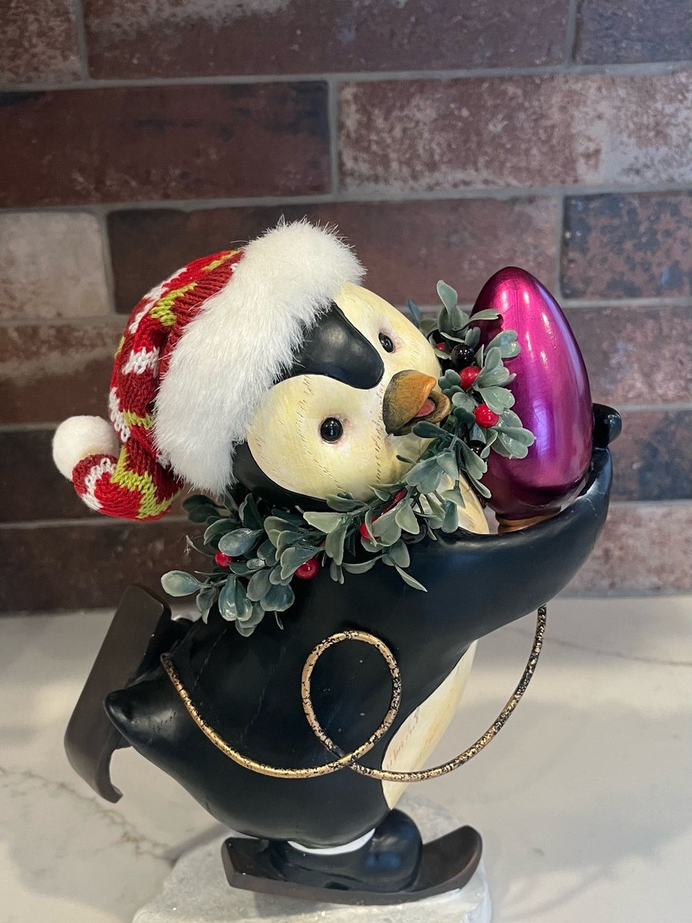 Holiday Penguin Figurine with Red Knit Hat and Purple Ornament